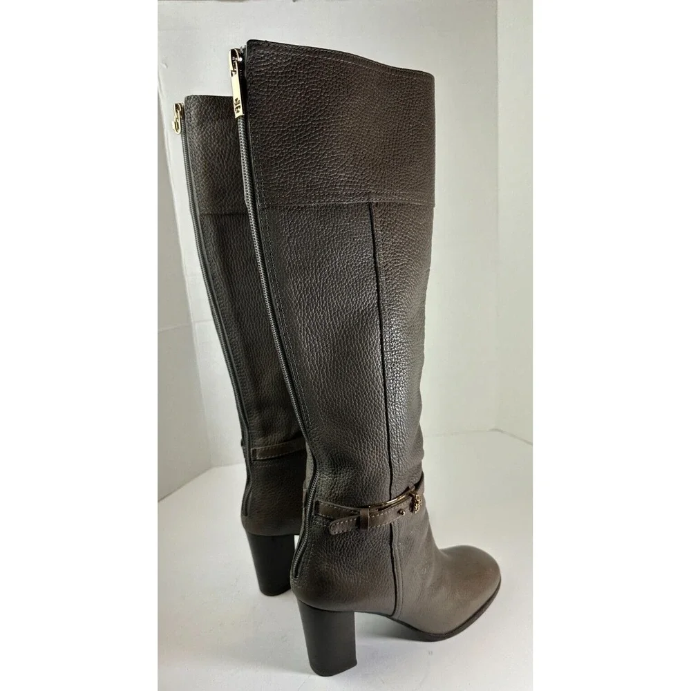 Tory Burch Pebbled Leather Zip Tall Block Heel Buckle Boots Gray 6M Quiet Luxury